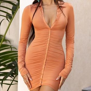 Oh Polly Stay in Paradise Collar Button Down Mini Dress in Caramel